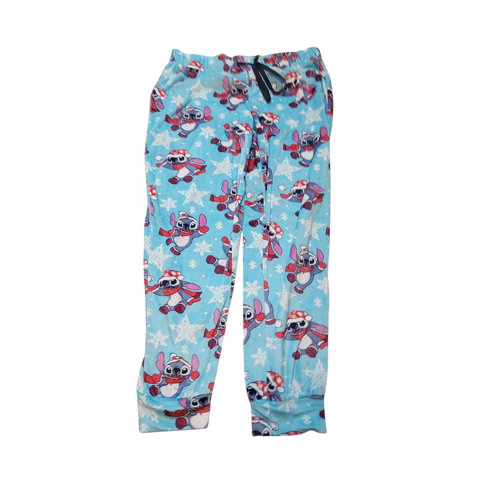 Disney Stitch Girls Christmas Pajama Pants Blue Snowflake Fleece M 8-10